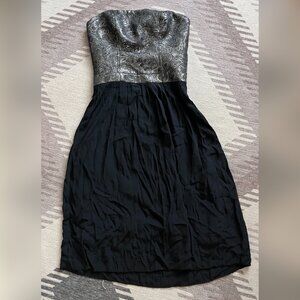 NAF NAF strapless silver brocade and black midi dress